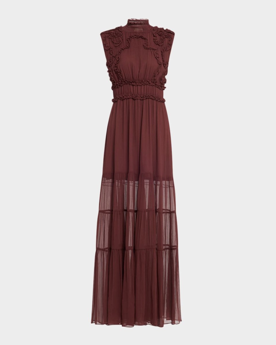 Verona Smocked Silk Turtleneck Gown